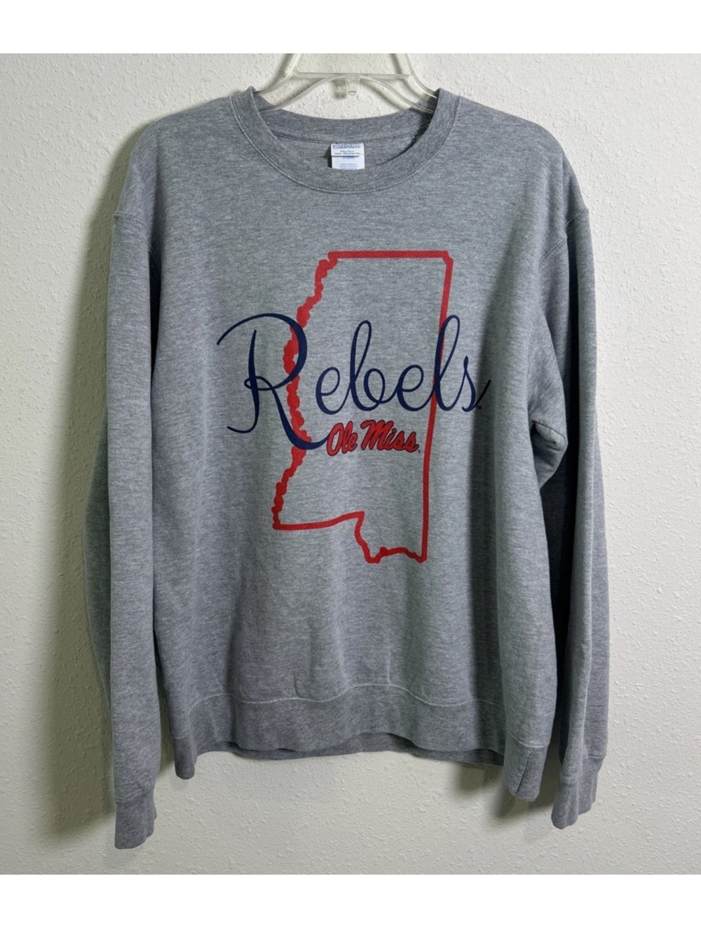Ole Miss Rebels Crewneck Fleece Sweatshirt State Outline Gray Men’s Large NCAA